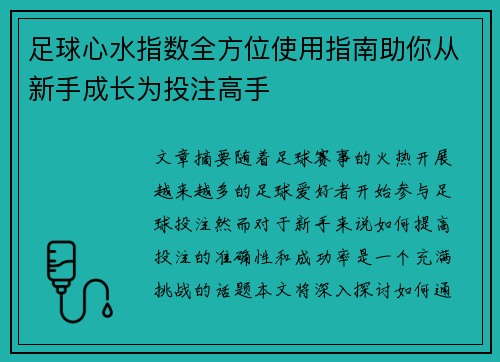 足球心水指数全方位使用指南助你从新手成长为投注高手 足球心水指数全方位使用指南助你从新手成长为投注高手